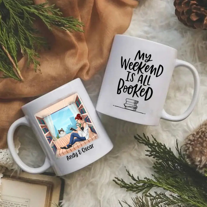 Personalized Mug, Woman Reading Book With Pet Custom Gift For Cat Dog Lovers