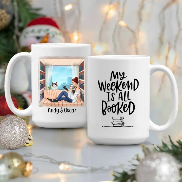 Personalized Mug, Woman Reading Book With Pet Custom Gift For Cat Dog Lovers