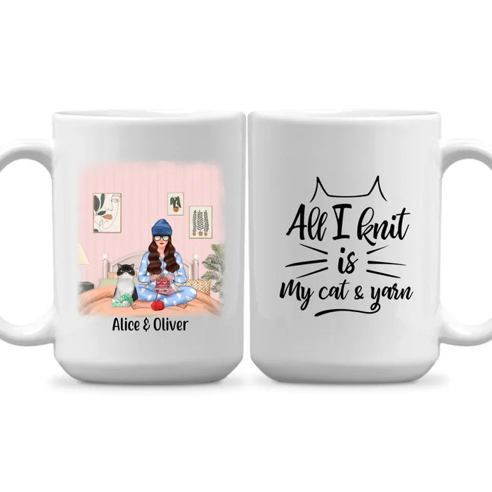 Personalized Mug, Girl Knitting with Cats, Gift for Knitters, Cat Lovers