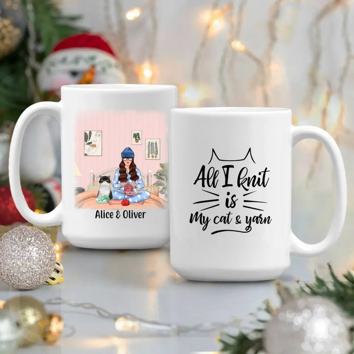 Personalized Mug, Girl Knitting with Cats, Gift for Knitters, Cat Lovers