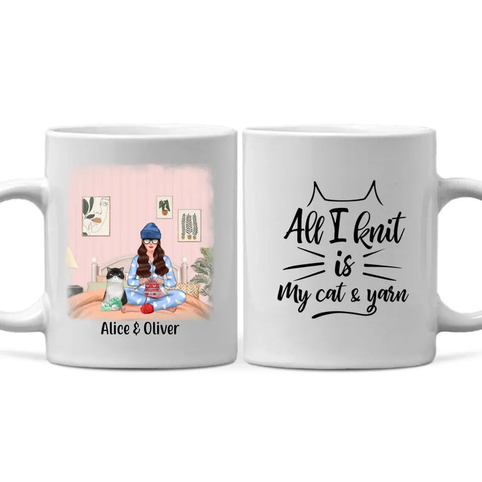 Personalized Mug, Girl Knitting with Cats, Gift for Knitters, Cat Lovers