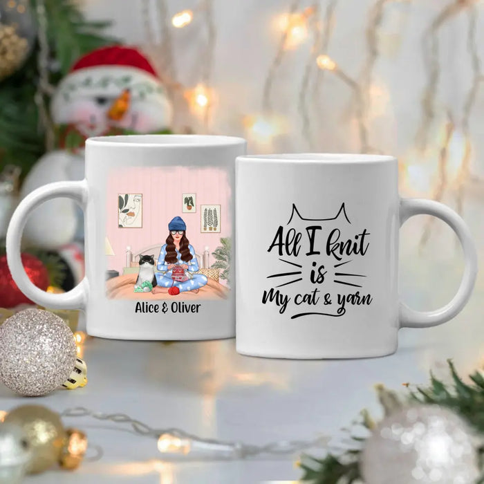 Personalized Mug, Girl Knitting with Cats, Gift for Knitters, Cat Lovers