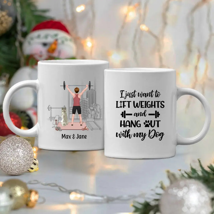 Personalized Mug, Girl Lifting Weight With Dogs, Gift for Fitness Lovers, Dog Lovers