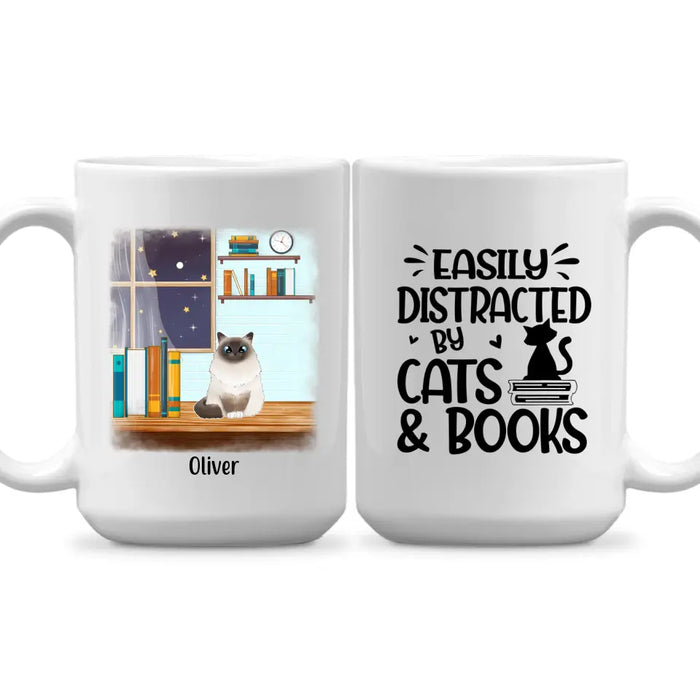 Easily Distracted by Cats and Books - Personalized Gifts Custom Book Mug for Cat Mom, Book Lovers