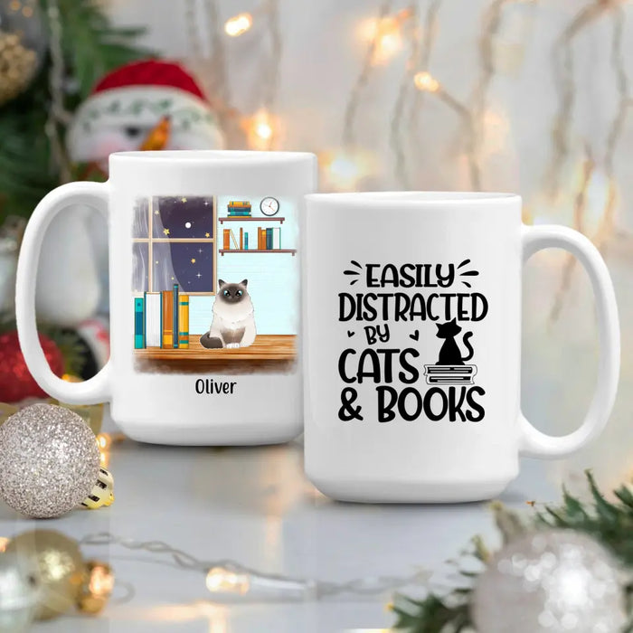 Easily Distracted by Cats and Books - Personalized Gifts Custom Book Mug for Cat Mom, Book Lovers