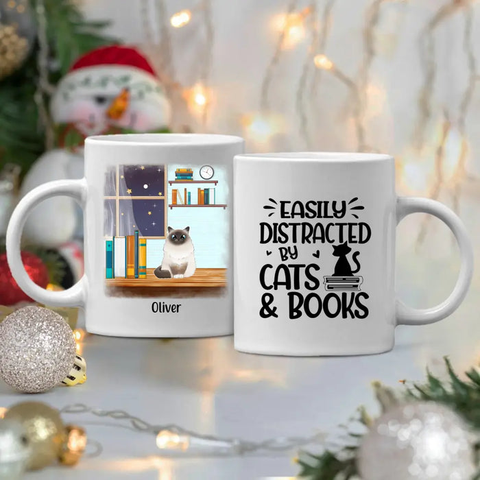 Easily Distracted by Cats and Books - Personalized Gifts Custom Book Mug for Cat Mom, Book Lovers