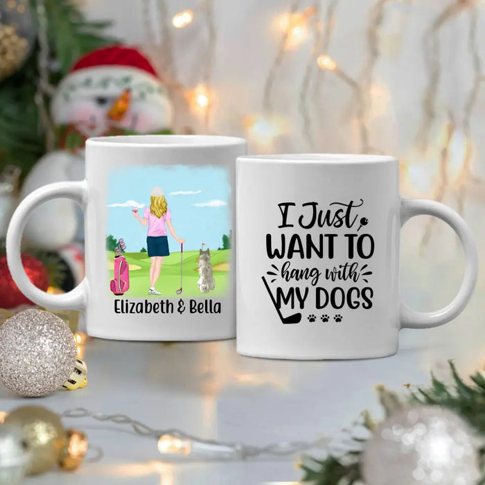 Personalized Mug, Golf Drink Woman with Dogs Gift For Golf and Dog Lovers