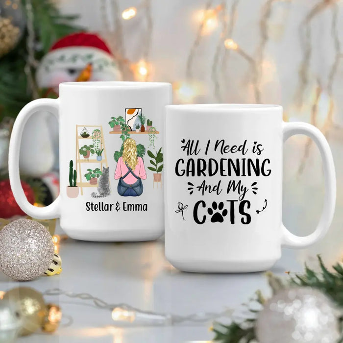 Personalized Mug, A Girl Gardening With Cats, Gift For Gardeners And Cat Lovers