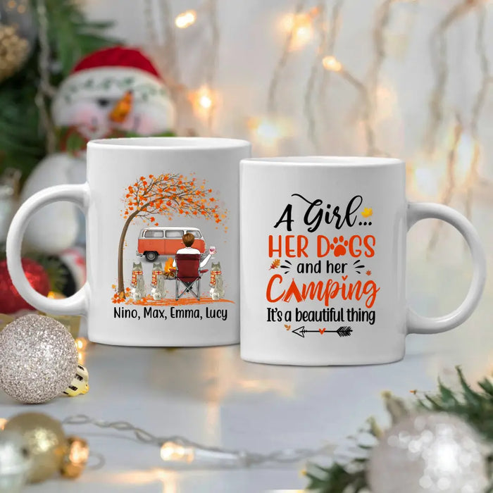 Personalized Mug, A Girl Her Dogs And Her Camping It's A Beautiful Thing - Fall Season Gift, Gift For Campers And Dog Lovers