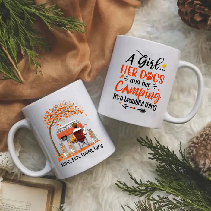 Personalized Mug, A Girl Her Dogs And Her Camping It's A Beautiful Thing - Fall Season Gift, Gift For Campers And Dog Lovers