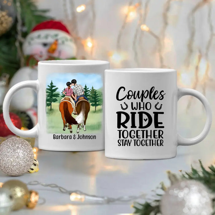 Personalized Mug, Horseback Riding Couple Holding Hand - Couples Who Ride Together Stay Together, Gift For Horse Lovers