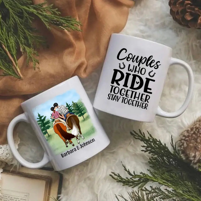 Personalized Mug, Horseback Riding Couple Holding Hand - Couples Who Ride Together Stay Together, Gift For Horse Lovers