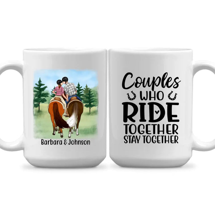 Personalized Mug, Horseback Riding Couple Holding Hand - Couples Who Ride Together Stay Together, Gift For Horse Lovers