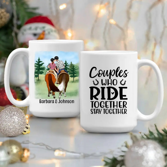 Personalized Mug, Horseback Riding Couple Holding Hand - Couples Who Ride Together Stay Together, Gift For Horse Lovers