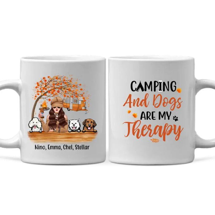 Personalized Mug, Camping And Dogs Are My Therapy - Fall Season Gift, Gift For Campers And Dog Lovers