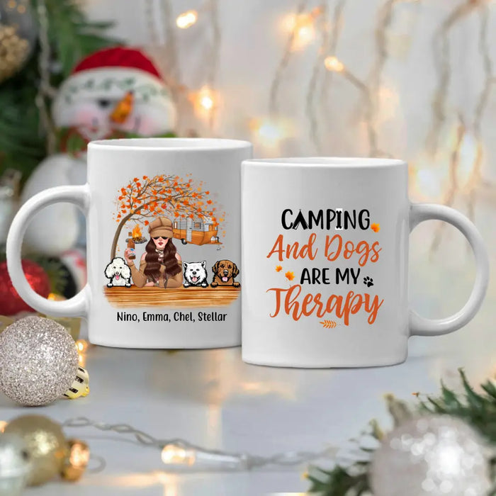 Personalized Mug, Camping And Dogs Are My Therapy - Fall Season Gift, Gift For Campers And Dog Lovers