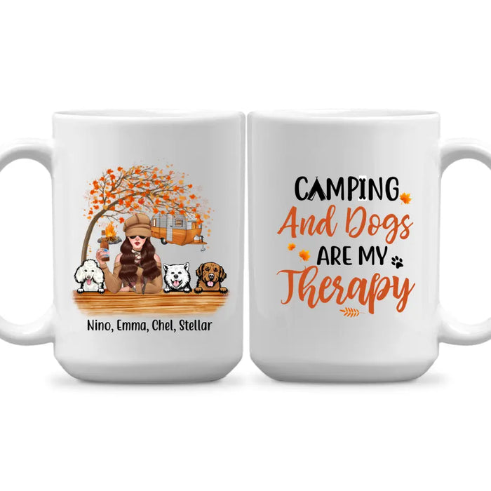 Personalized Mug, Camping And Dogs Are My Therapy - Fall Season Gift, Gift For Campers And Dog Lovers