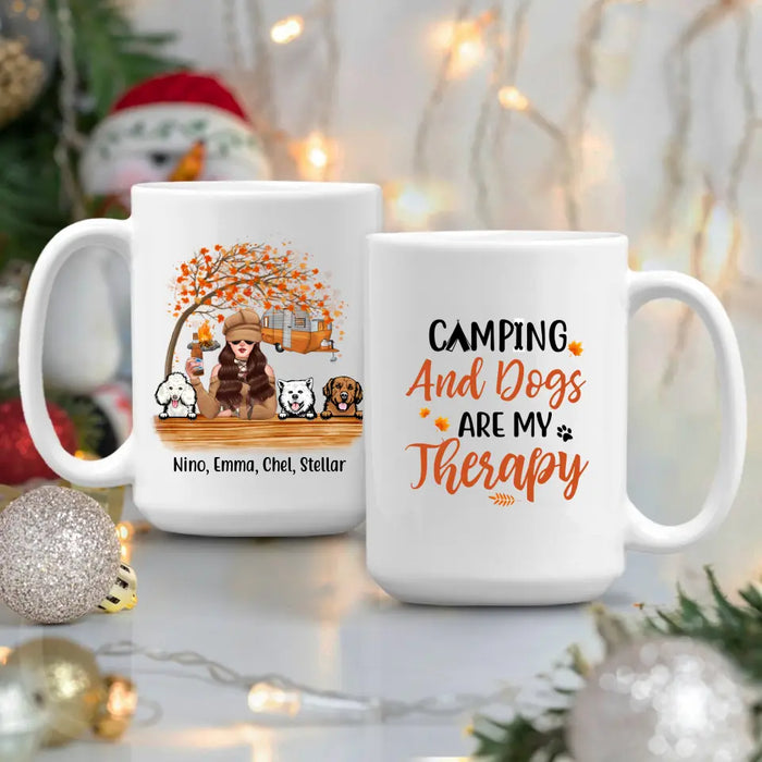 Personalized Mug, Camping And Dogs Are My Therapy - Fall Season Gift, Gift For Campers And Dog Lovers