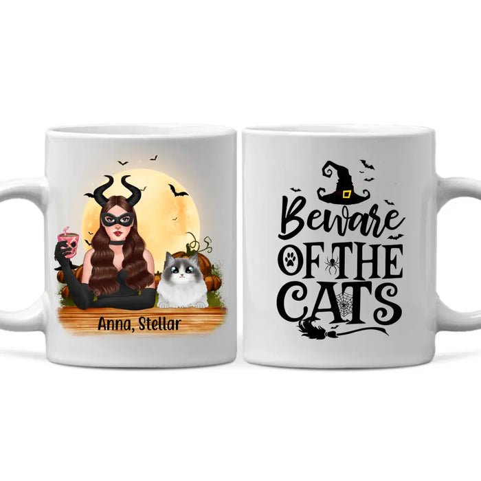 Personalized Mug, Up to 3 Cats, Witch And Cats - Halloween Gift, Gift For Cat Lovers