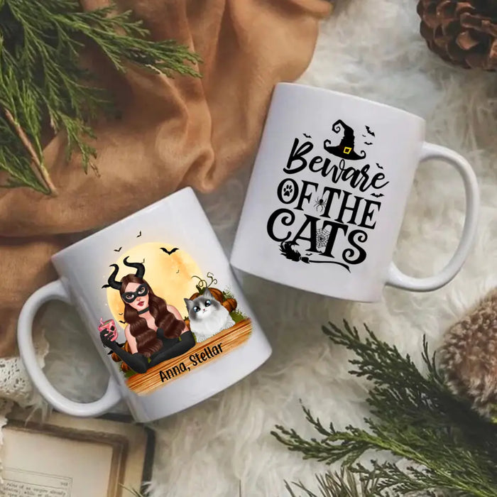 Personalized Mug, Up to 3 Cats, Witch And Cats - Halloween Gift, Gift For Cat Lovers