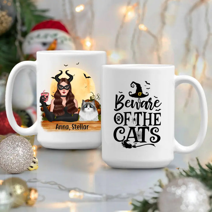 Personalized Mug, Up to 3 Cats, Witch And Cats - Halloween Gift, Gift For Cat Lovers