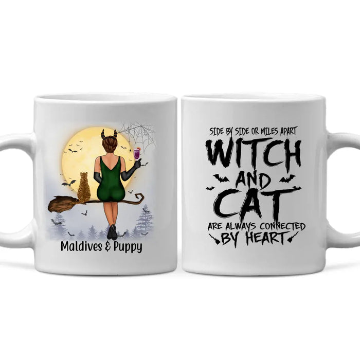 Personalized Mug, Witch And Cats Connected By Heart - Halloween Gift For Cat Lovers