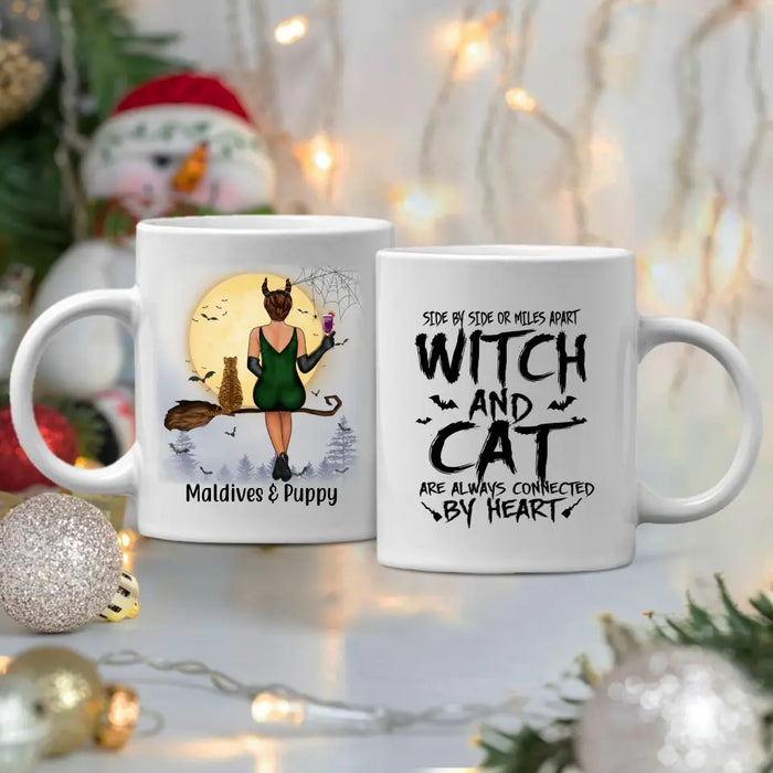 Personalized Mug, Witch And Cats Connected By Heart - Halloween Gift For Cat Lovers