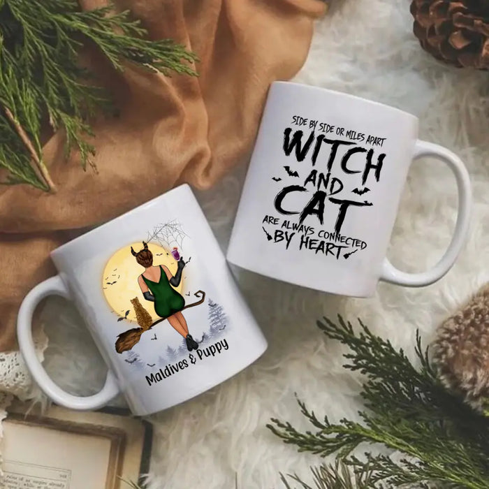 Personalized Mug, Witch And Cats Connected By Heart - Halloween Gift For Cat Lovers