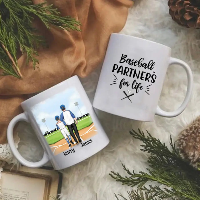 Personalized Mug, Up To 4 Kids, Baseball Partners Forever, Gift For Dad And Baseball Lovers