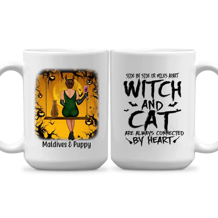 Witch and Cat Are Always Connected by Heart - Halloween Personalized Gifts Custom Cat Mug for Cat Mom, Cat Lovers