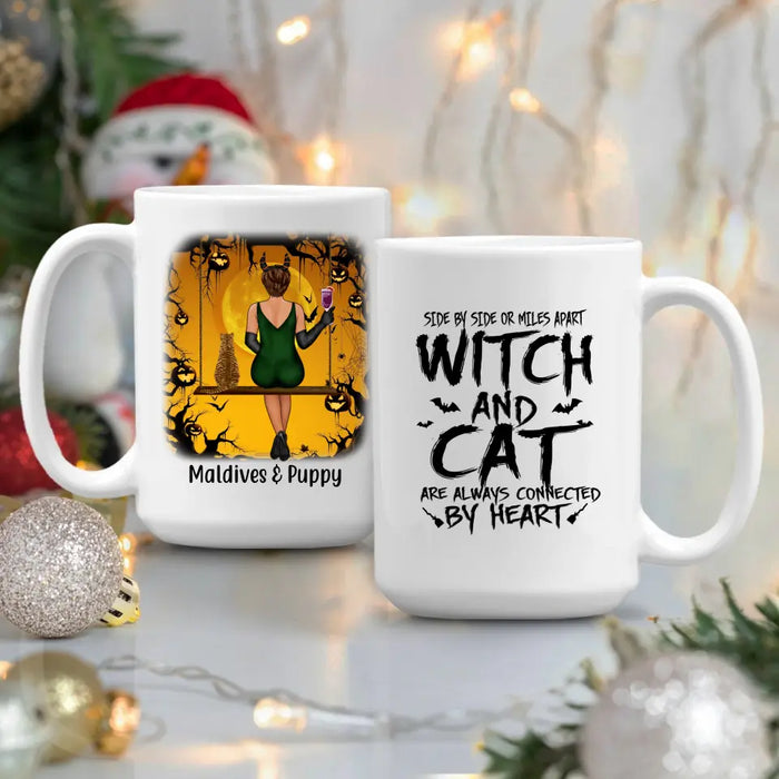 Witch and Cat Are Always Connected by Heart - Halloween Personalized Gifts Custom Cat Mug for Cat Mom, Cat Lovers