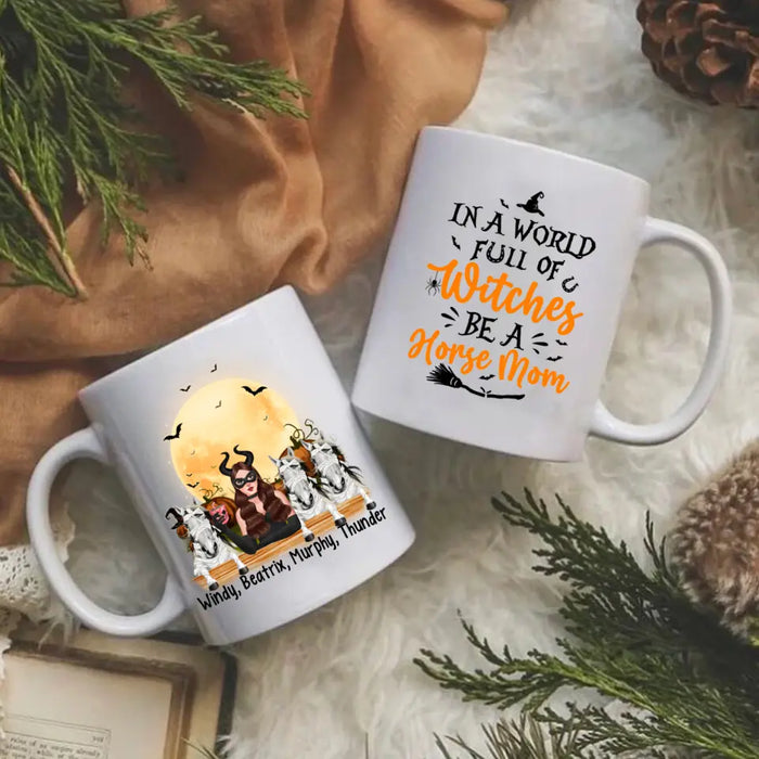 Personalized Mug, Up To 3 Horses, Witch And Peeking Horses, Hallween Gift For Horse Lovers