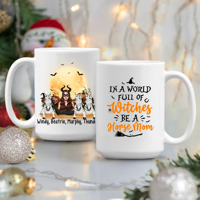 Personalized Mug, Up To 3 Horses, Witch And Peeking Horses, Hallween Gift For Horse Lovers