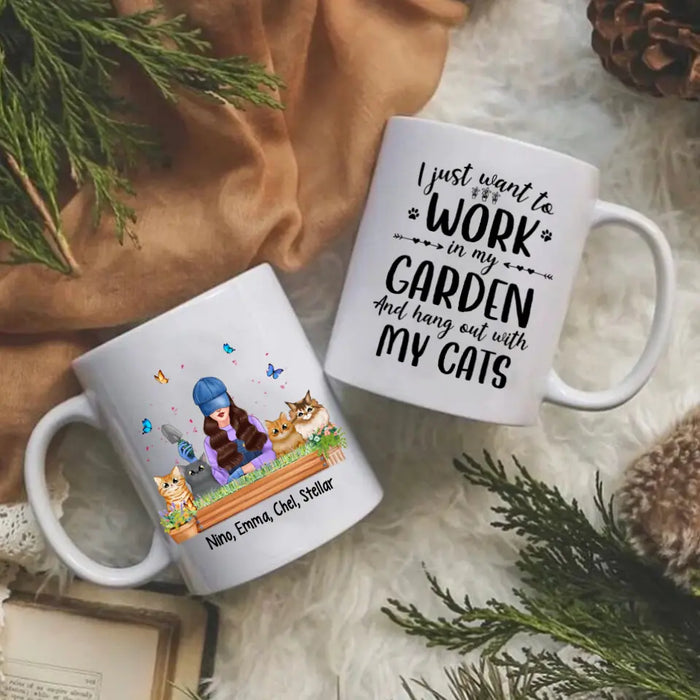 Personalized Mug, I Just Want To Work In My Garden And Hang Out With My Cats, Gift For Gardeners And Cat Lovers