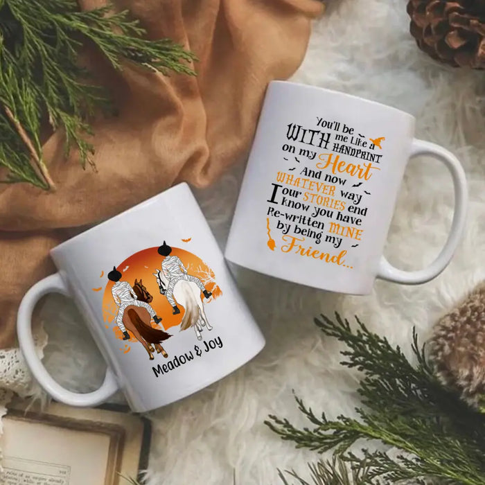 Personalized Halloween Mug - Up to 3 Girls, Custom Horse Riding Besties Gift, Handprint Design for Sisters and Friends