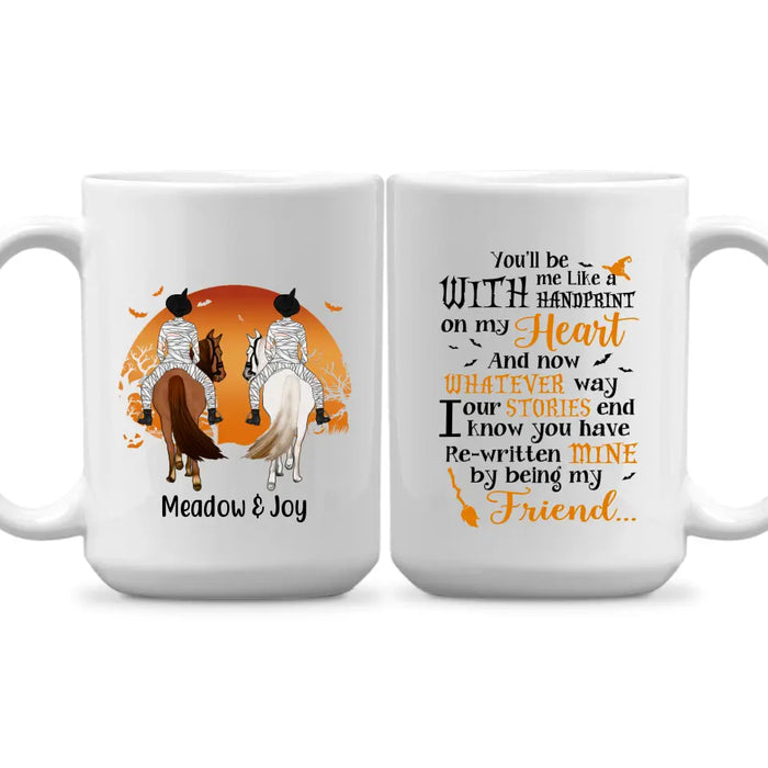 Personalized Halloween Mug - Up to 3 Girls, Custom Horse Riding Besties Gift, Handprint Design for Sisters and Friends