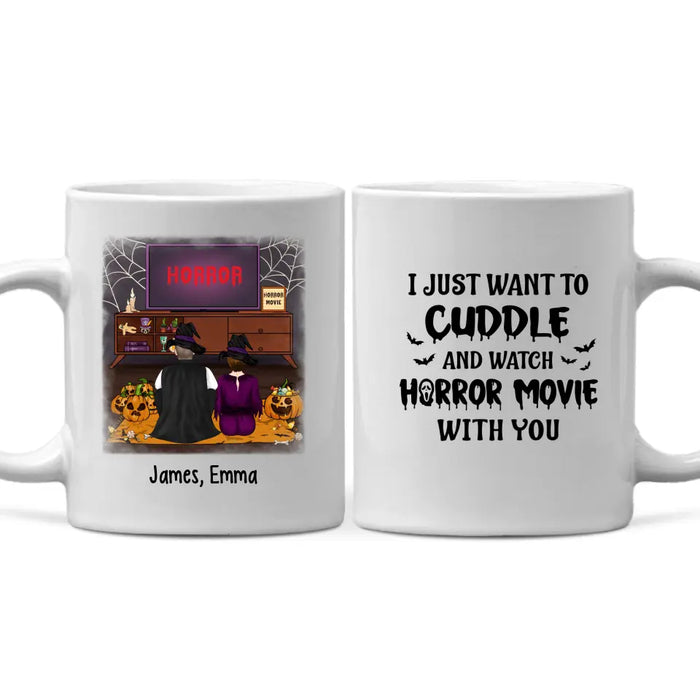 Personalized Mug, Cuddle And Watch Horror Movies Couple, Gifts For Halloween, Gifts For Couple