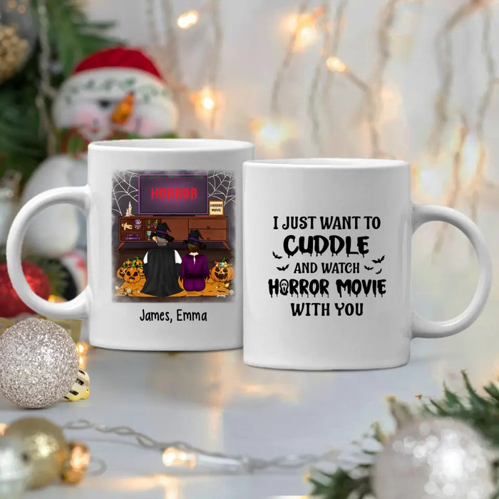 Personalized Mug, Cuddle And Watch Horror Movies Couple, Gifts For Halloween, Gifts For Couple