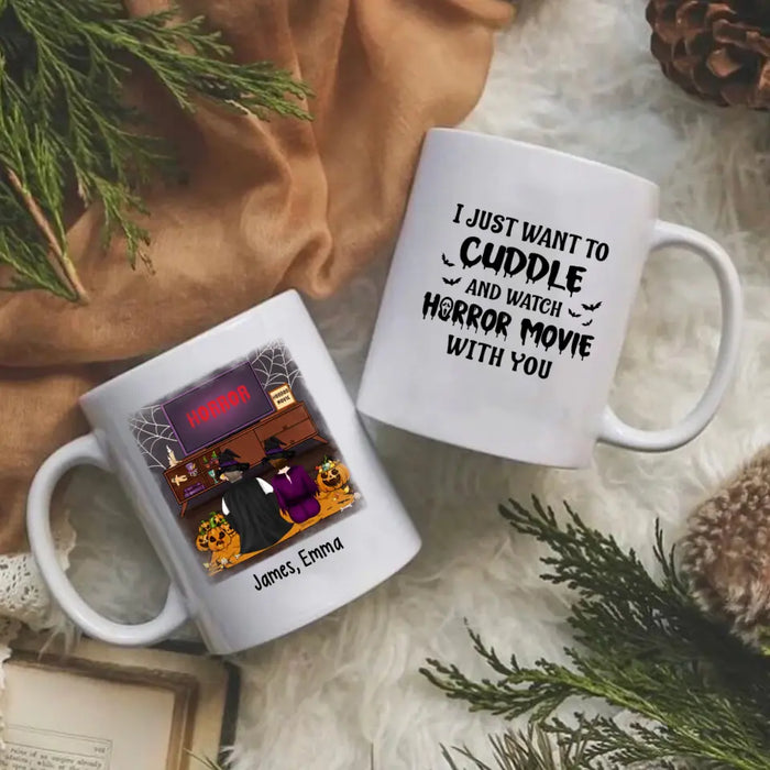 Personalized Mug, Cuddle And Watch Horror Movies Couple, Gifts For Halloween, Gifts For Couple