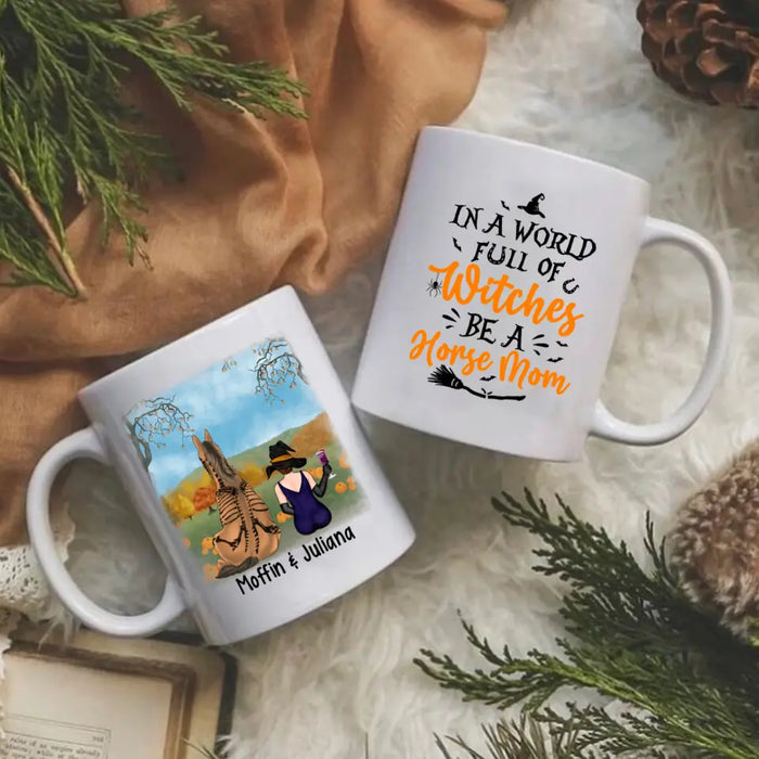 Personalized Mug, Witch Sitting With Horse, Halloween Gift For Horse Lovers