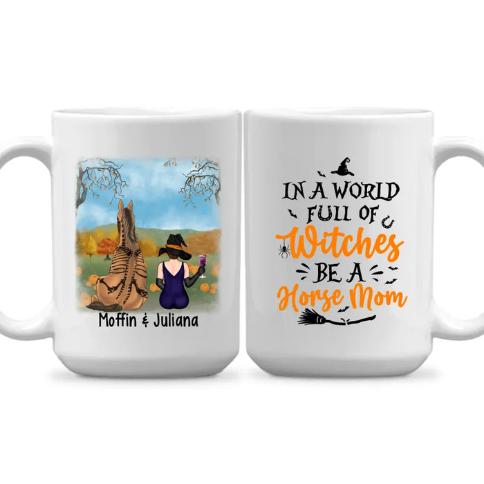 Personalized Mug, Witch Sitting With Horse, Halloween Gift For Horse Lovers