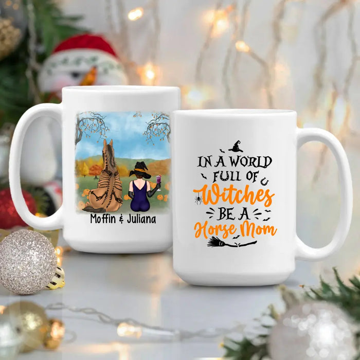 Personalized Mug, Witch Sitting With Horse, Halloween Gift For Horse Lovers