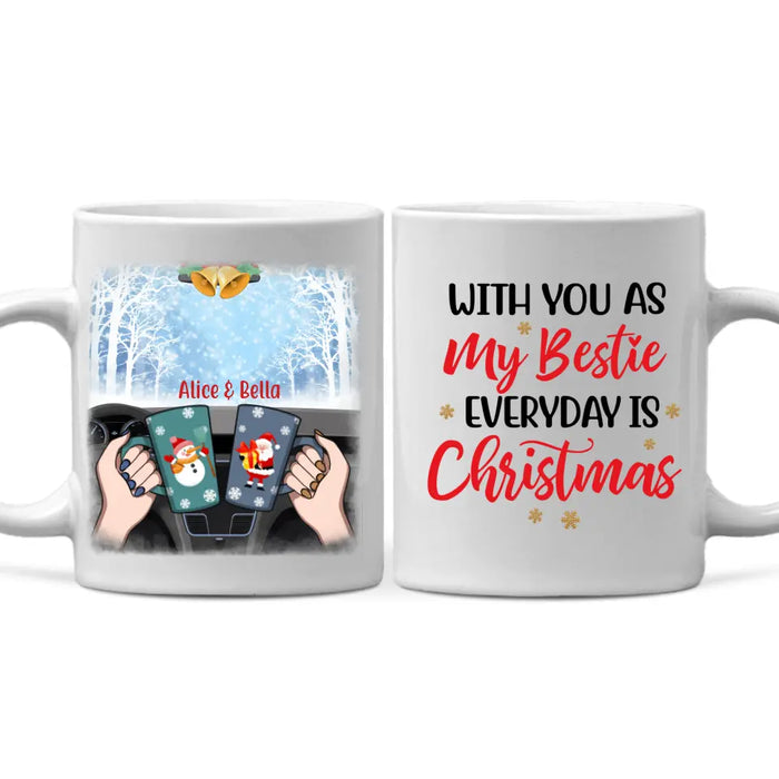 Personalized Mug, Besties Drinking Inside Car For Christmas, Christmas Gift for Besties, Sisters, Best Friends