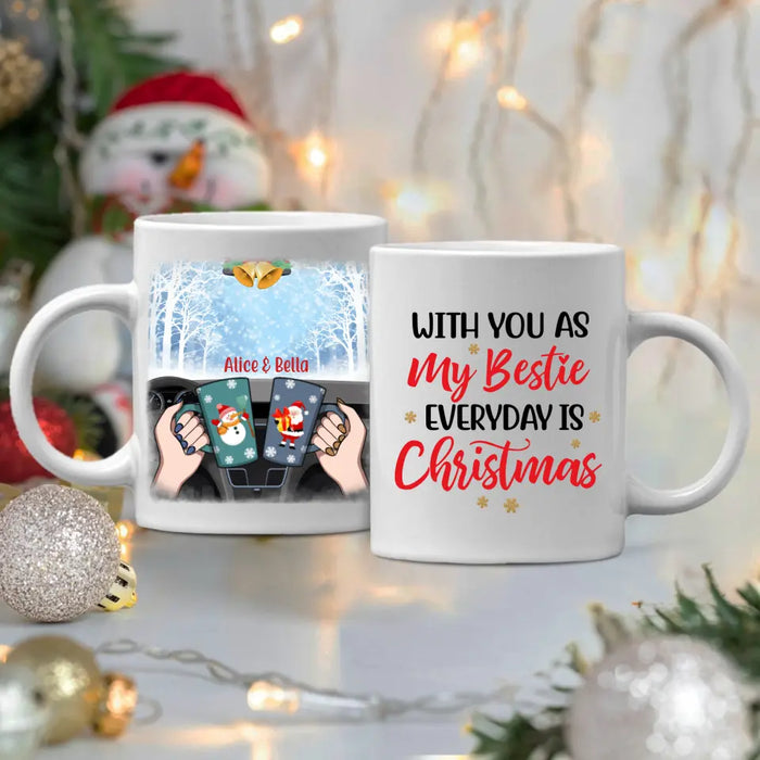 Personalized Mug, Besties Drinking Inside Car For Christmas, Christmas Gift for Besties, Sisters, Best Friends