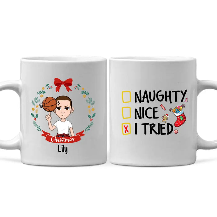 Personalized Mug, Naughty Nice I Tried, Christmas Kid With Wreath, Christmas Gift For Kids, Grandsons And Granddaughters