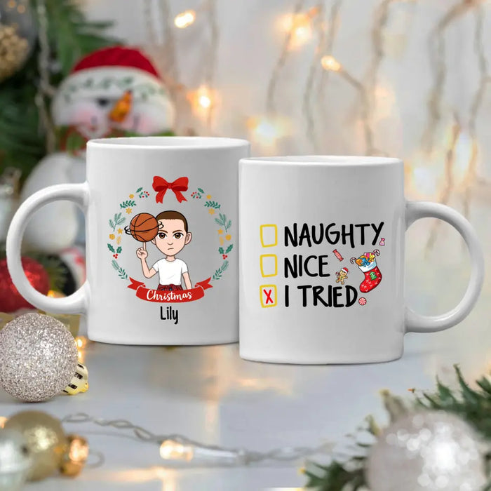 Personalized Mug, Naughty Nice I Tried, Christmas Kid With Wreath, Christmas Gift For Kids, Grandsons And Granddaughters