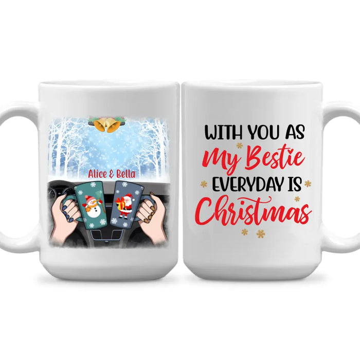 Personalized Mug, Besties Drinking Inside Car For Christmas, Christmas Gift for Besties, Sisters, Best Friends