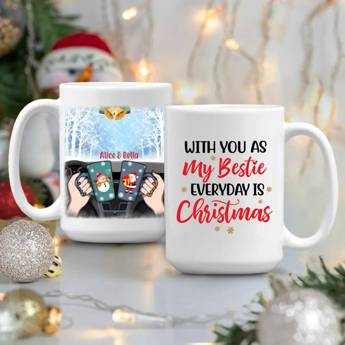 Personalized Mug, Besties Drinking Inside Car For Christmas, Christmas Gift for Besties, Sisters, Best Friends