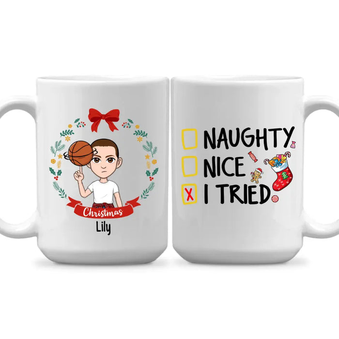 Personalized Mug, Naughty Nice I Tried, Christmas Kid With Wreath, Christmas Gift For Kids, Grandsons And Granddaughters