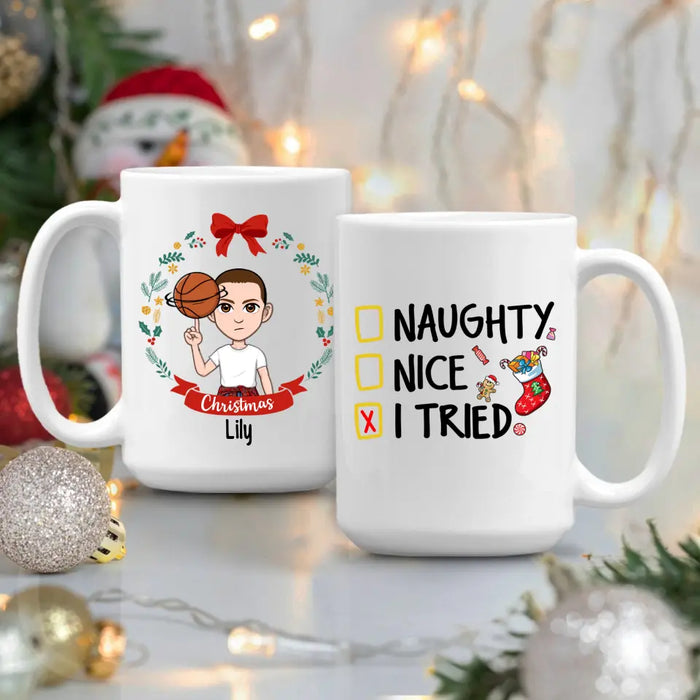 Personalized Mug, Naughty Nice I Tried, Christmas Kid With Wreath, Christmas Gift For Kids, Grandsons And Granddaughters